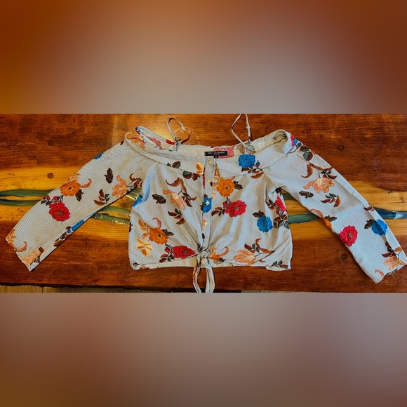 Cropped Off-shoulder Tie-front Striped Floral Blouse - Picture 1 of 3